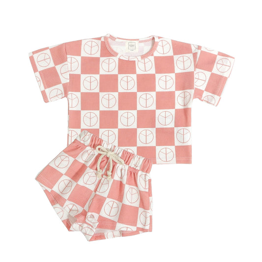 Checkered Waffle Shorts Set - Watermelon