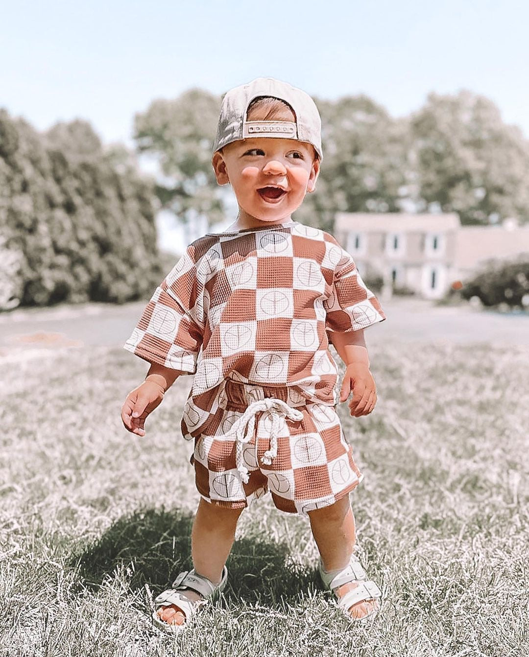 Checkered Waffle Shorts Set - Maple